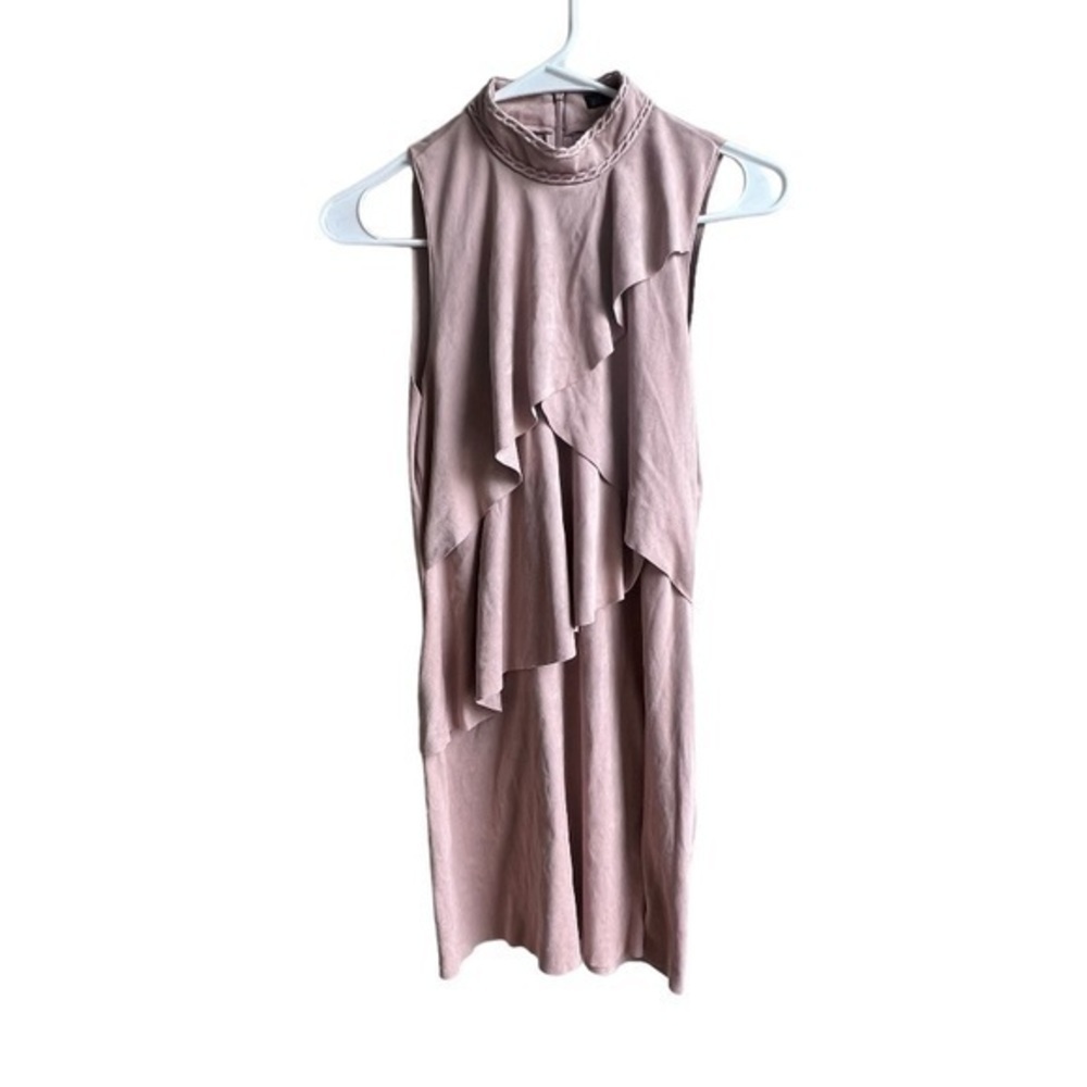 Zara Basic faux suede tiered ruffled layered high neck sleeveless minidress